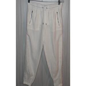 Athleta Cabo Linen Jogger 100% Linen Cream Color Size 4 Zipper Pockets Tie Waist